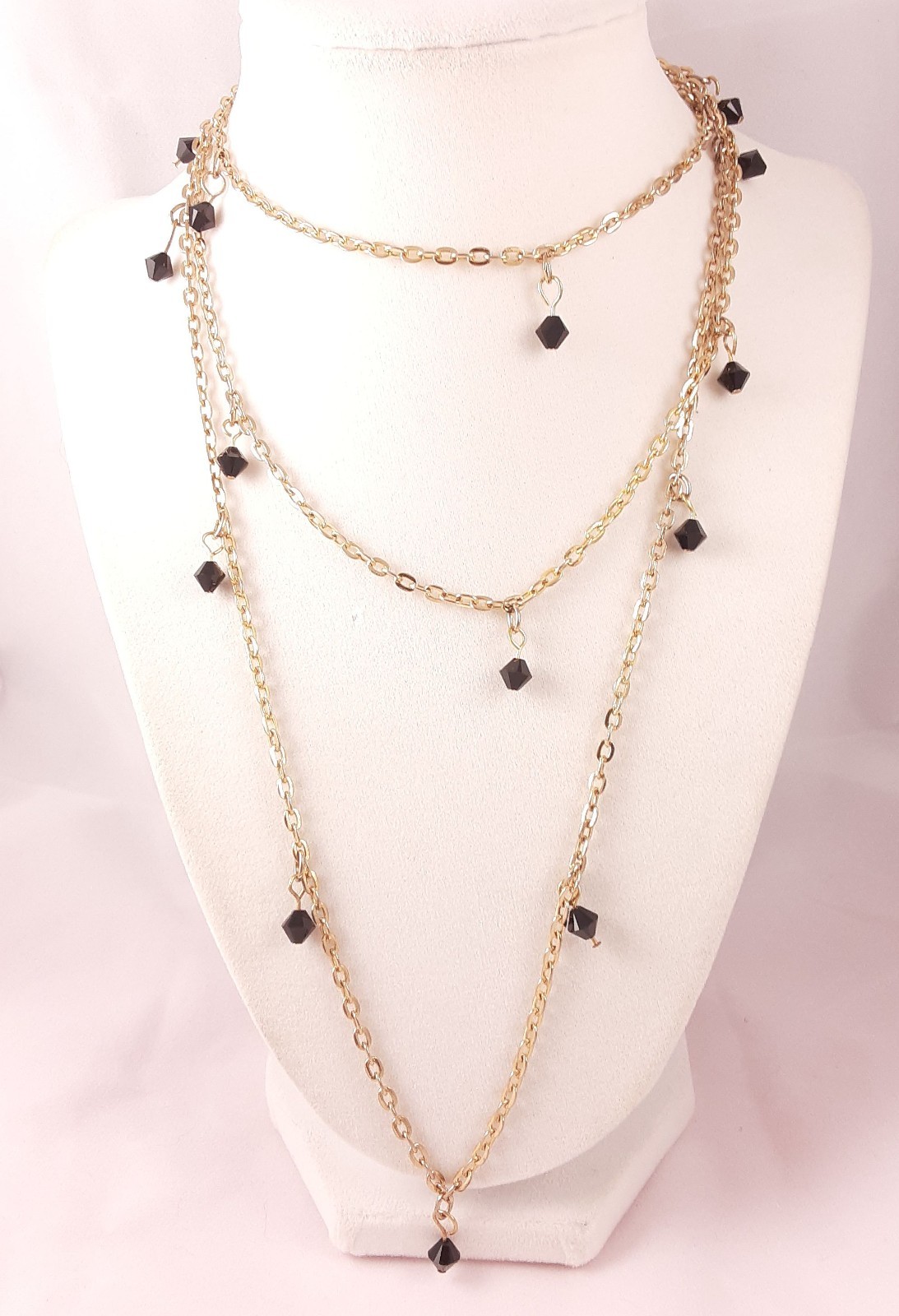 Gold Tone Necklace Austrian Crystals Black Bicone Dangles Long Cable Chain 50 in