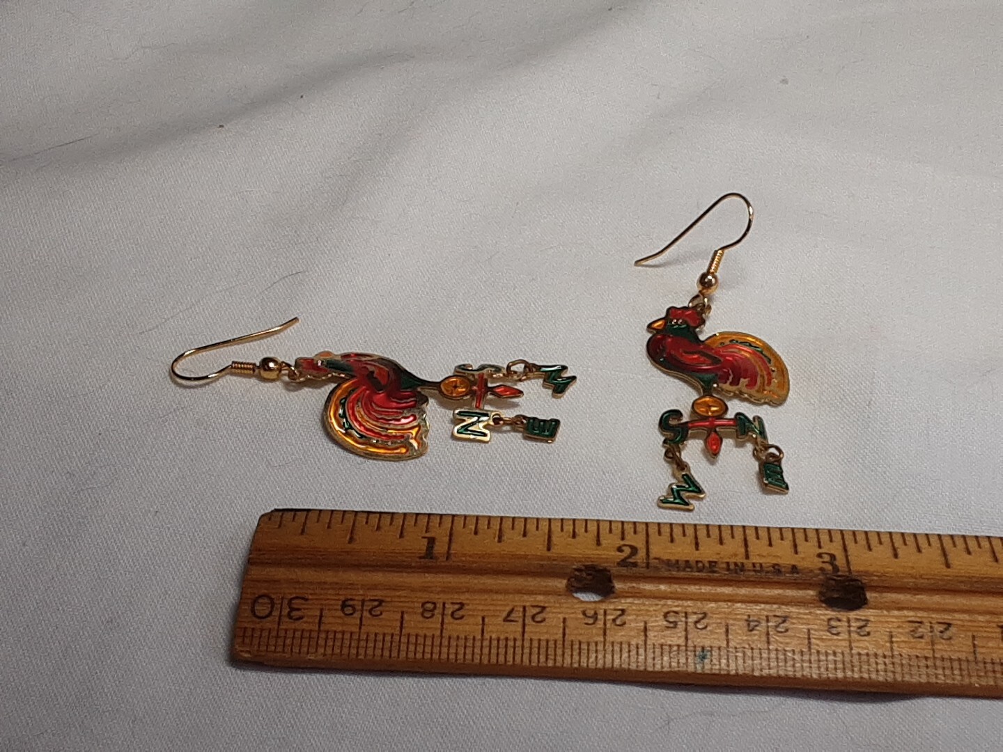 Earring Gold Tone Cloisonne Multicolor Chicken Roaster Dangle N S W E Pierce