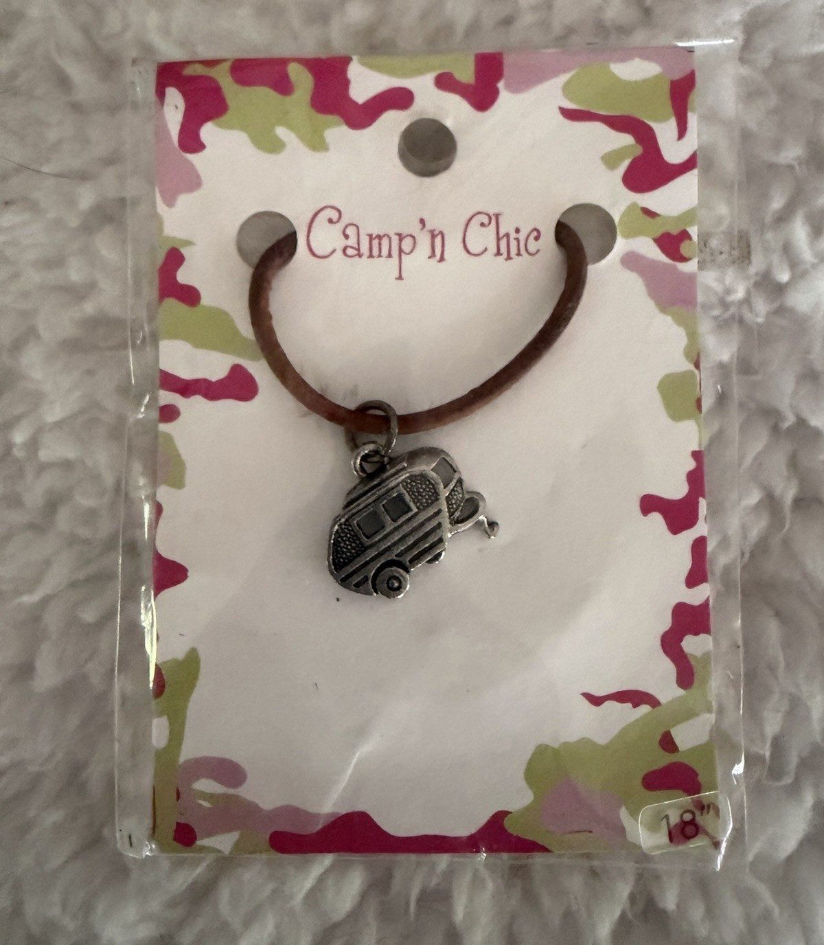 Camp ‘n Chic Travel Trailer Necklace on Brown Cord