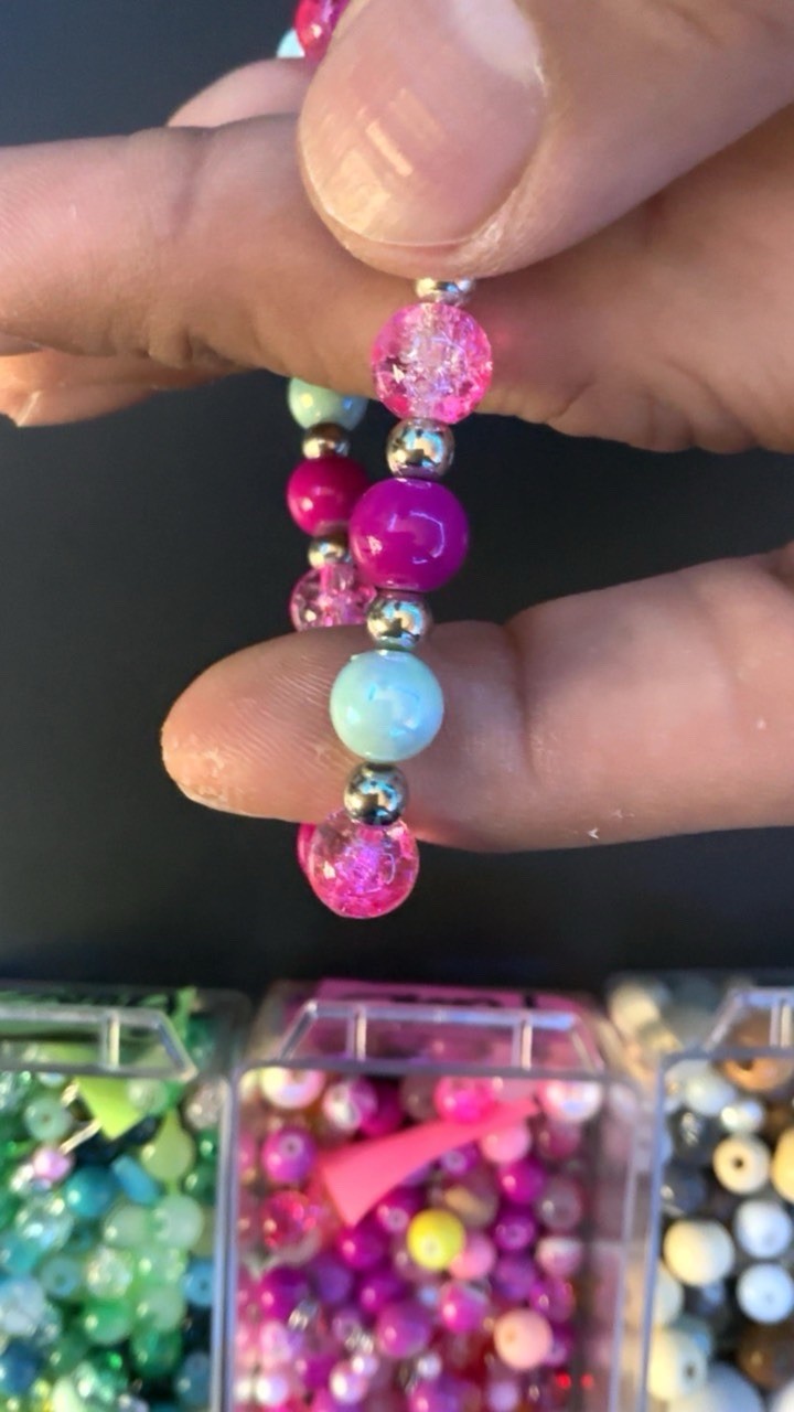 Handmade Beaded Bracelet Multicolor Pink Glass Round Beads Dangle Charm #081