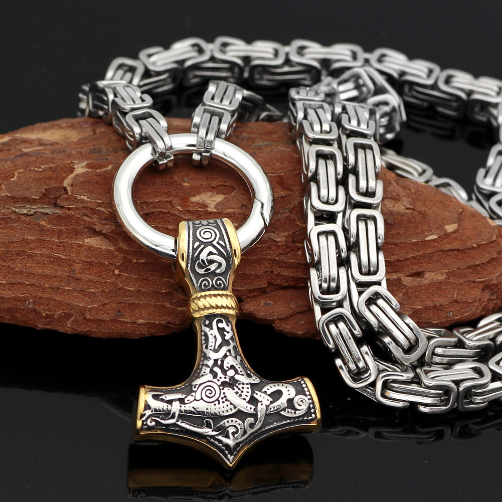 Men’s Stainless Steel Nordic Viking Wolf &Thor Hammer Mjolnir Pendant Necklace