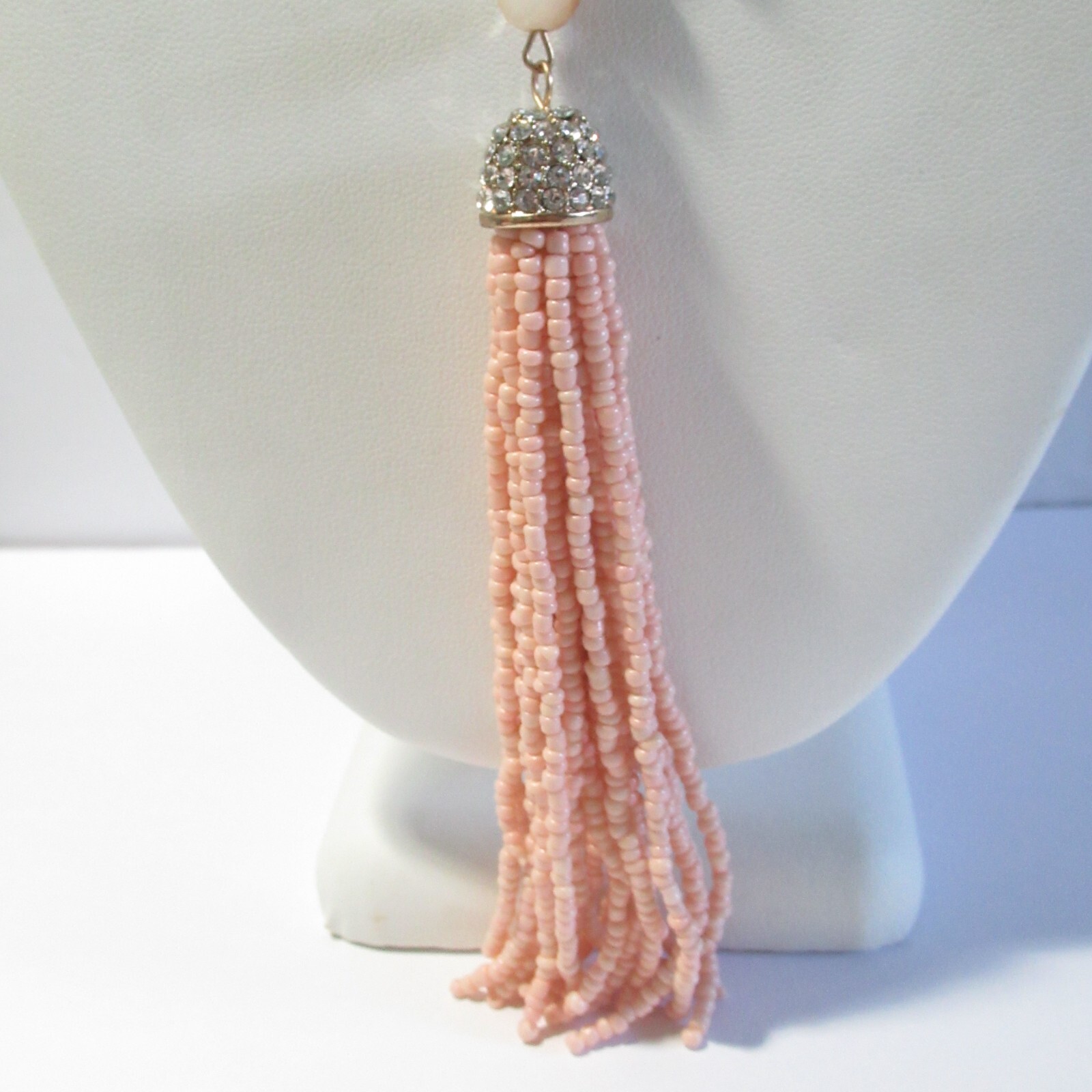 Salmon Pink Orange Glass Crystal Necklace with Long Tassel Contemporary