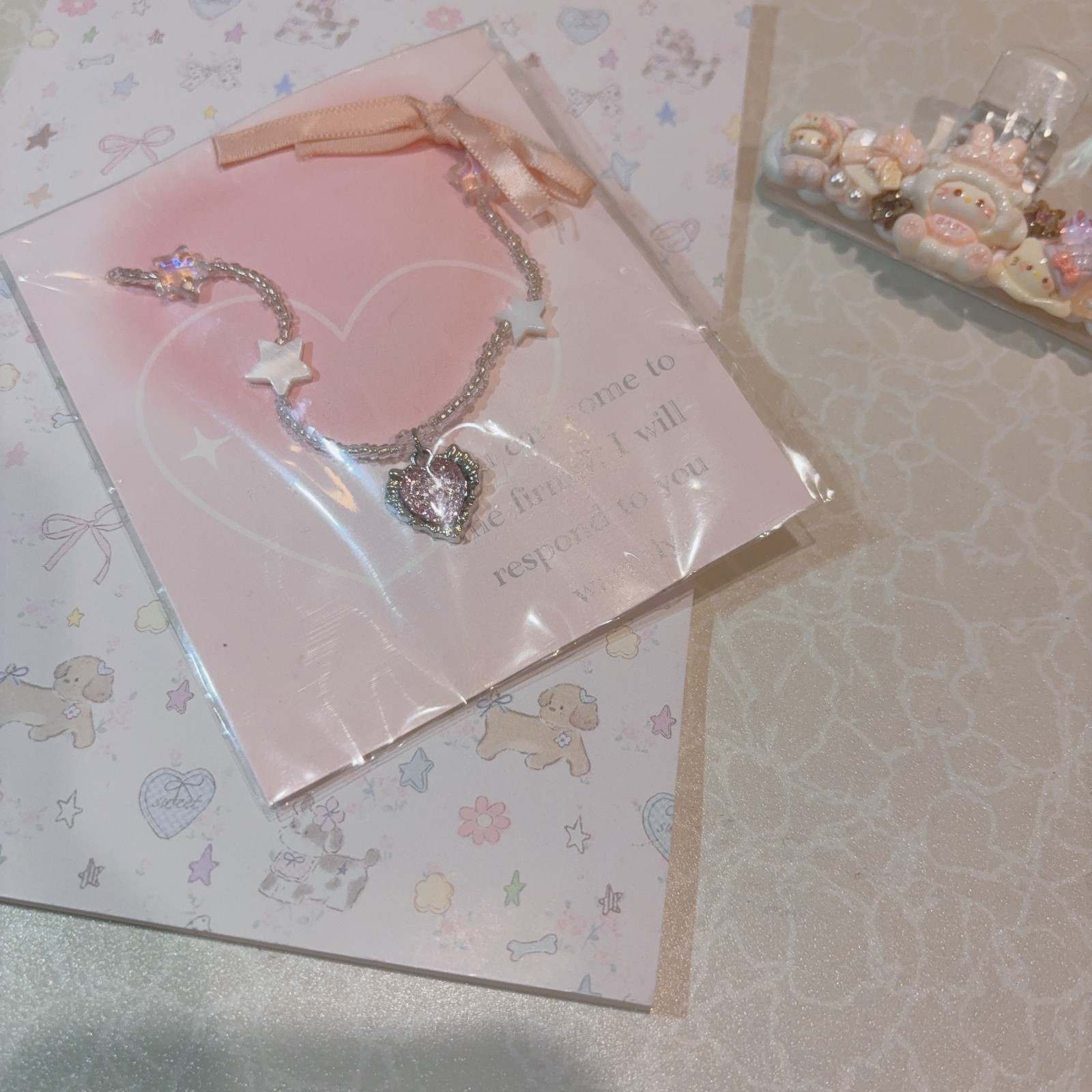 Dreamy Pink Heart and Star Charm Sliver Necklace