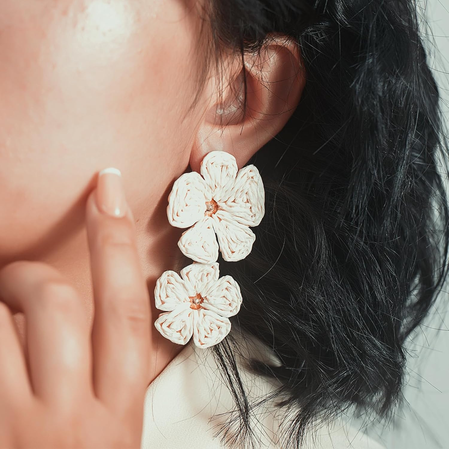 Boho Flower Earrings Statement Raffia Dangle Earrings Cute Floral Jewelry Trendy