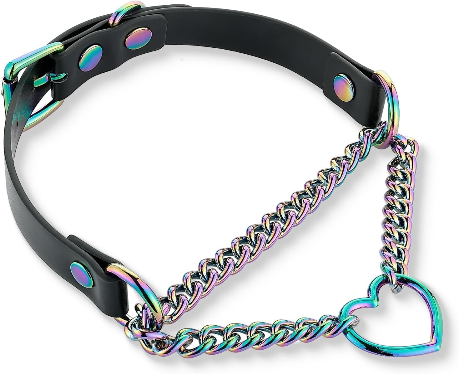 Unique Black Leather Choker with Rainbow Heart Ring, Adjustable Fit