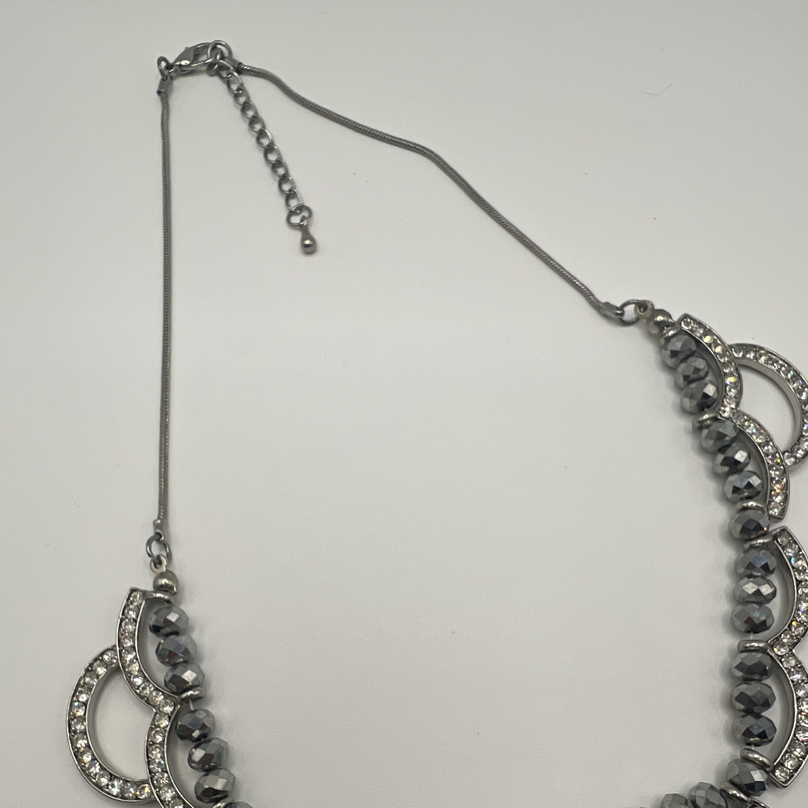 Silver Tone Gray Beaded Statement Necklace, Crystal Pavé, Snake Chain Adjustable