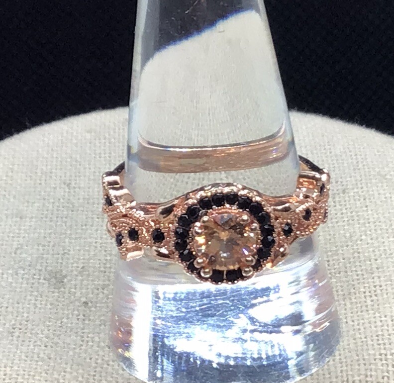 Rose Gold Tone Black & Yellow Glass Stone Fashion Ring Sz 10.75 E524
