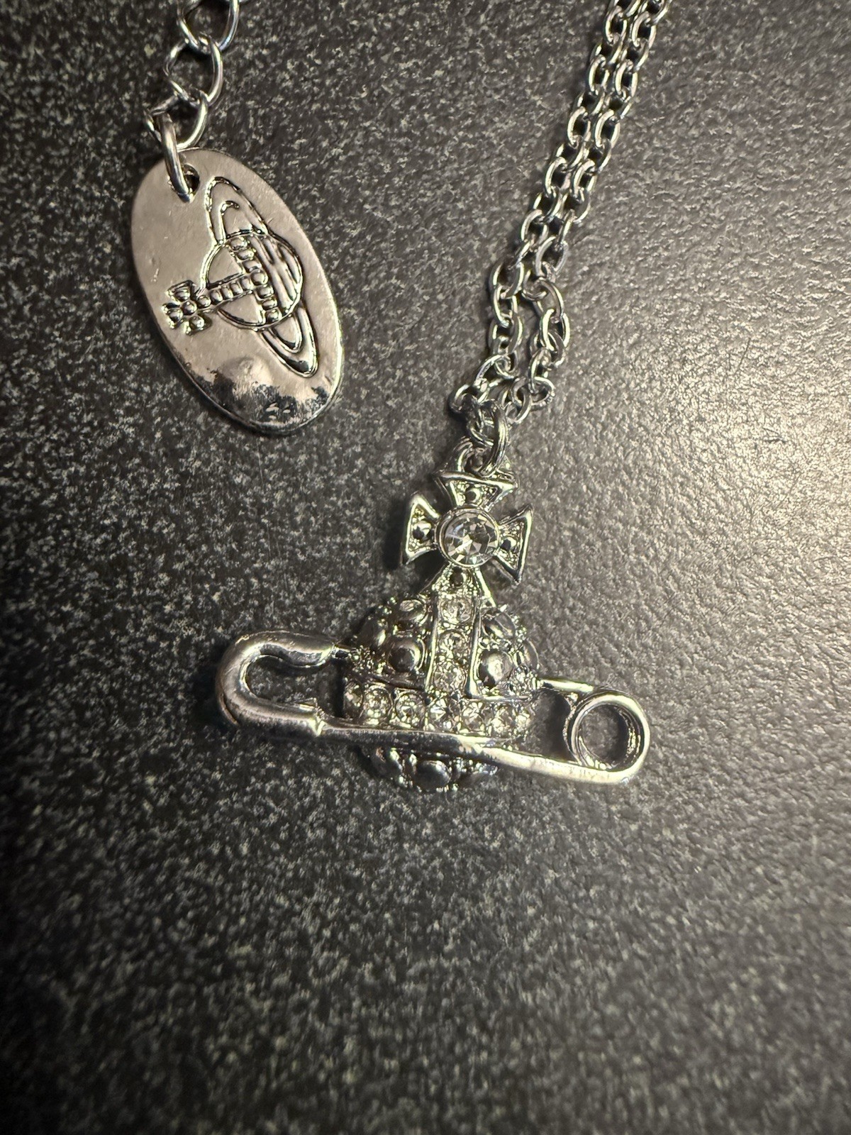 Vivienne Westwood Silver Tone Safety Pin Crystal Orb Pendant Necklace