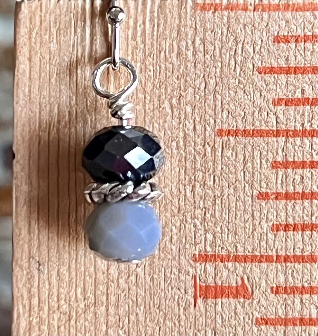 Etched Silver with Gray and Blueish Black Iridescent Crystal Bead Earrings. Boho