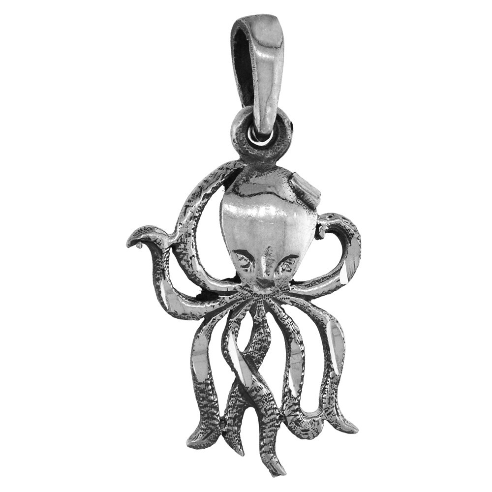 925 Sterling Silver Octopus Pendant 25mm Tall with 16 to 24 Inch Chain