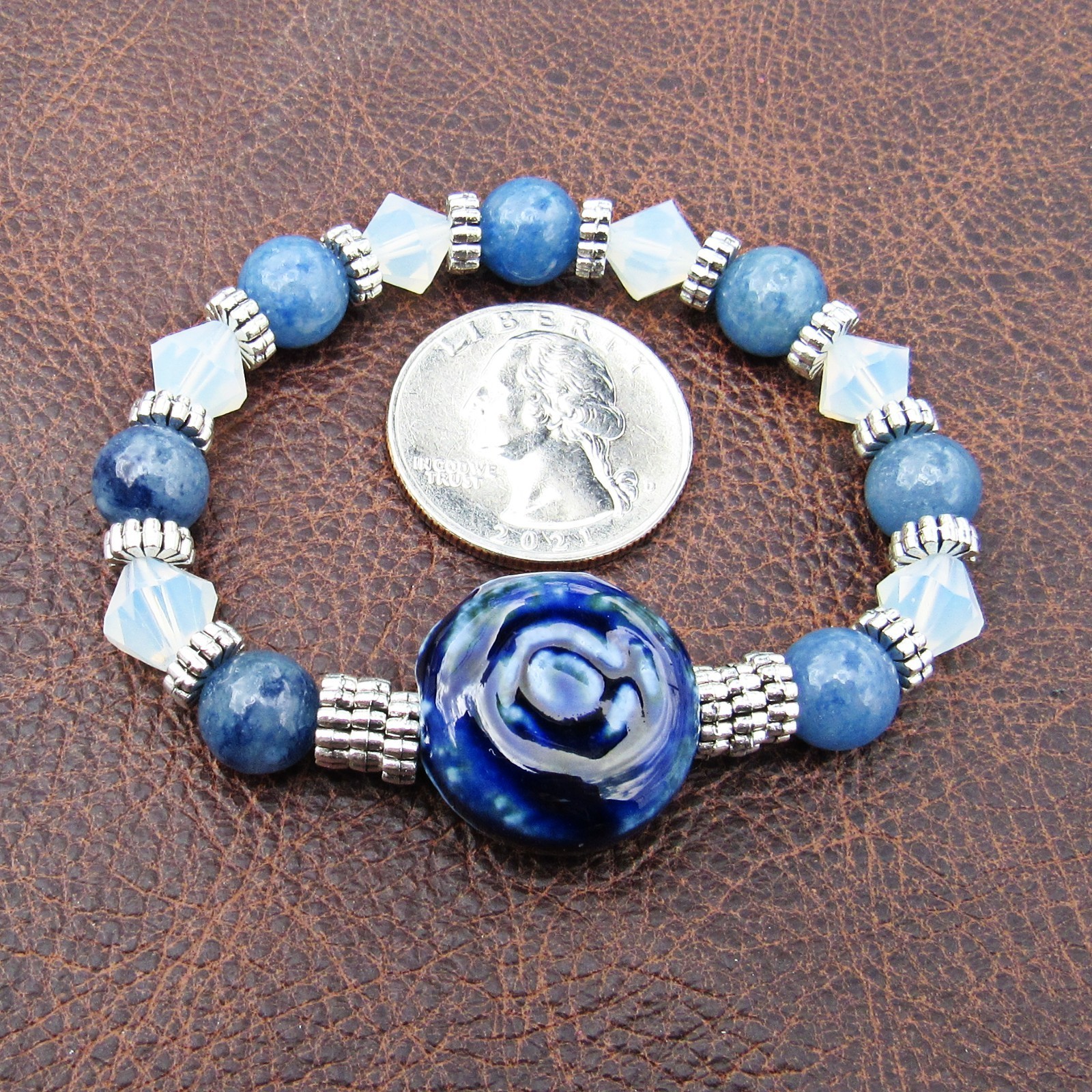 6 inches Stretchy Bracelet, Blue Aventurine Stone, Porcelain, Opalite