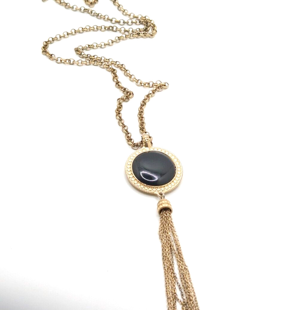 Gold Black Round Medallion Tassel Necklace Long Layering Roman Style Boho