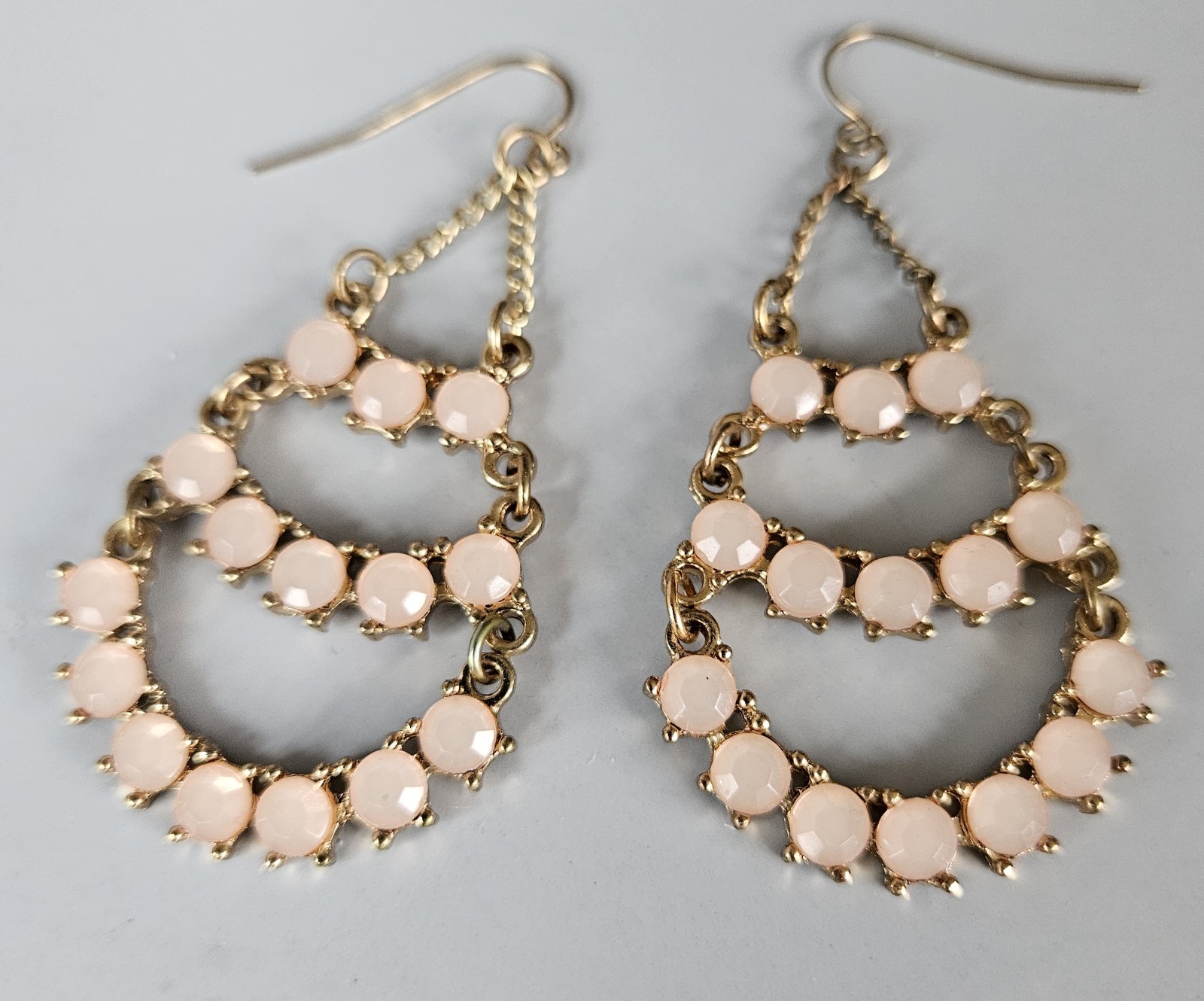 Cookie Lee Chandelier Earrings Pale Peach Soft Rose Pink Glass Stones Gold Tone
