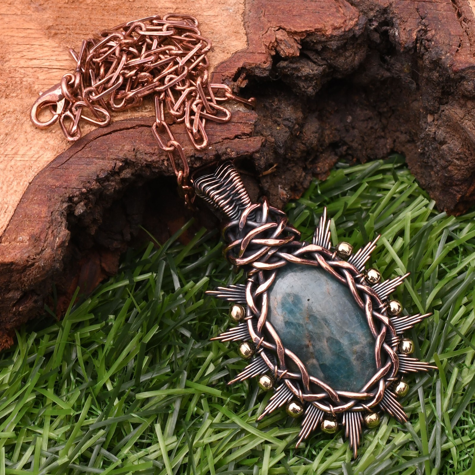 Neon Apatite Gemstone Copper Wire Wrap Handmade Jewelry Pendant 2.28″