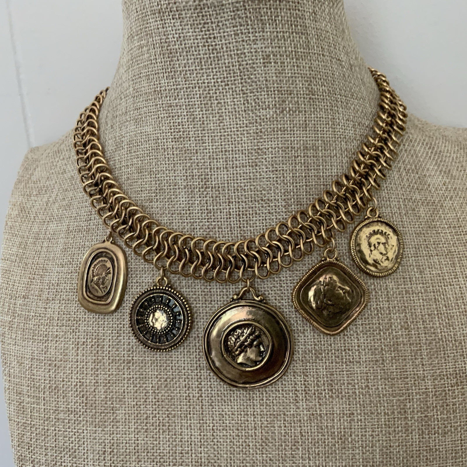 Chico’s Roman Coin Statement Necklace Antique Brass Medallion Charm Bib