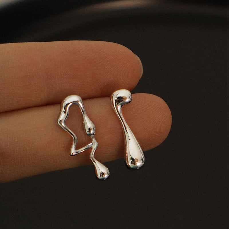 Asymmetric Lava Liquid Melt Silver Drop Earrings Abstract Molten Studs Set
