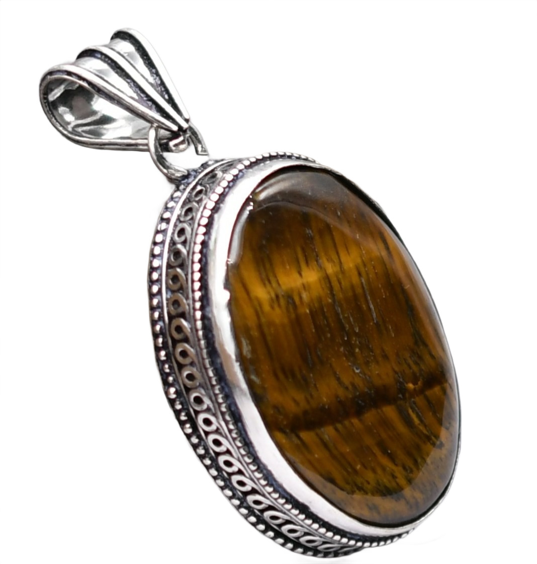 Tiger Eye Natural Gemstone Ethnic Silver Plated Pendant 2.25″ J 96