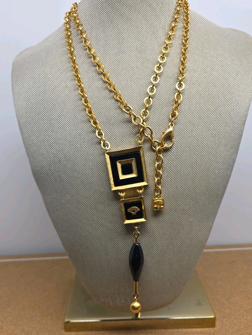 Karl Lagerfeld Black Enamel Gold Plated Dangle Pendant Chain Necklace Runway