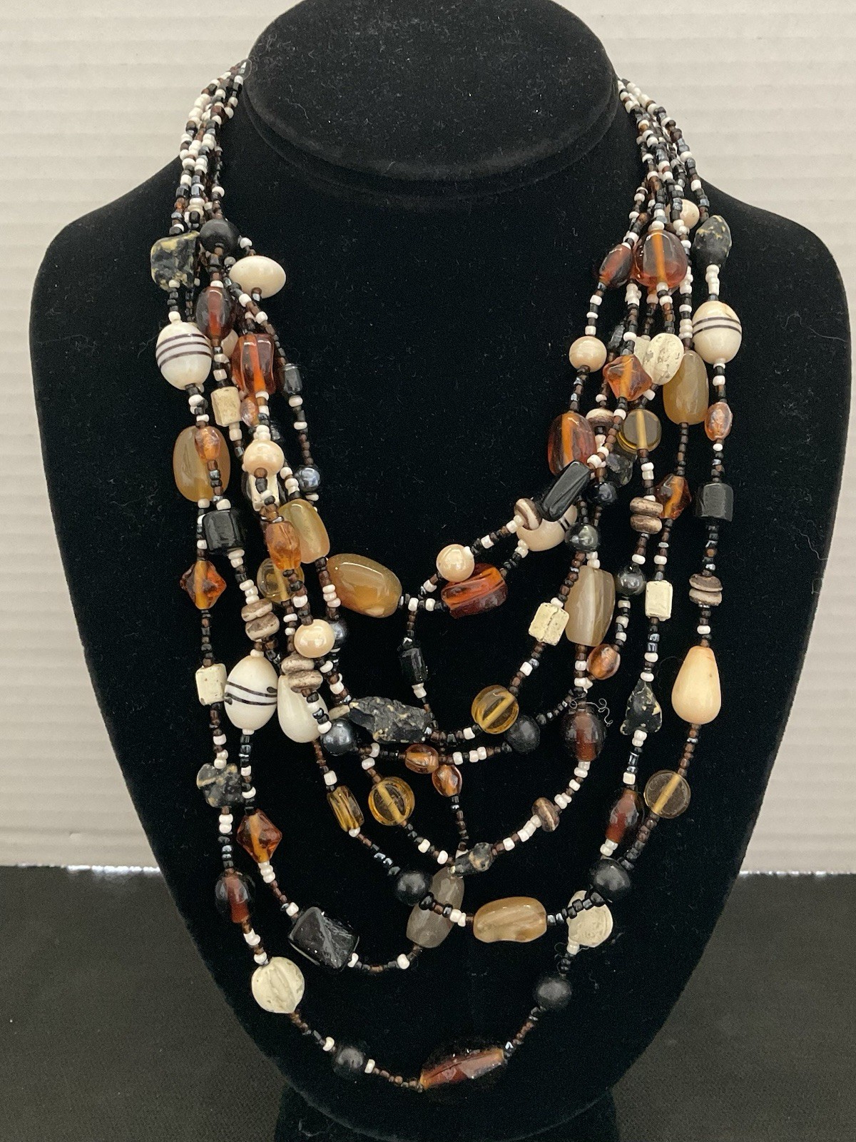 Multi Strand Necklace Earth tone Beads Brown Black Cream Colored Estate Jewelry