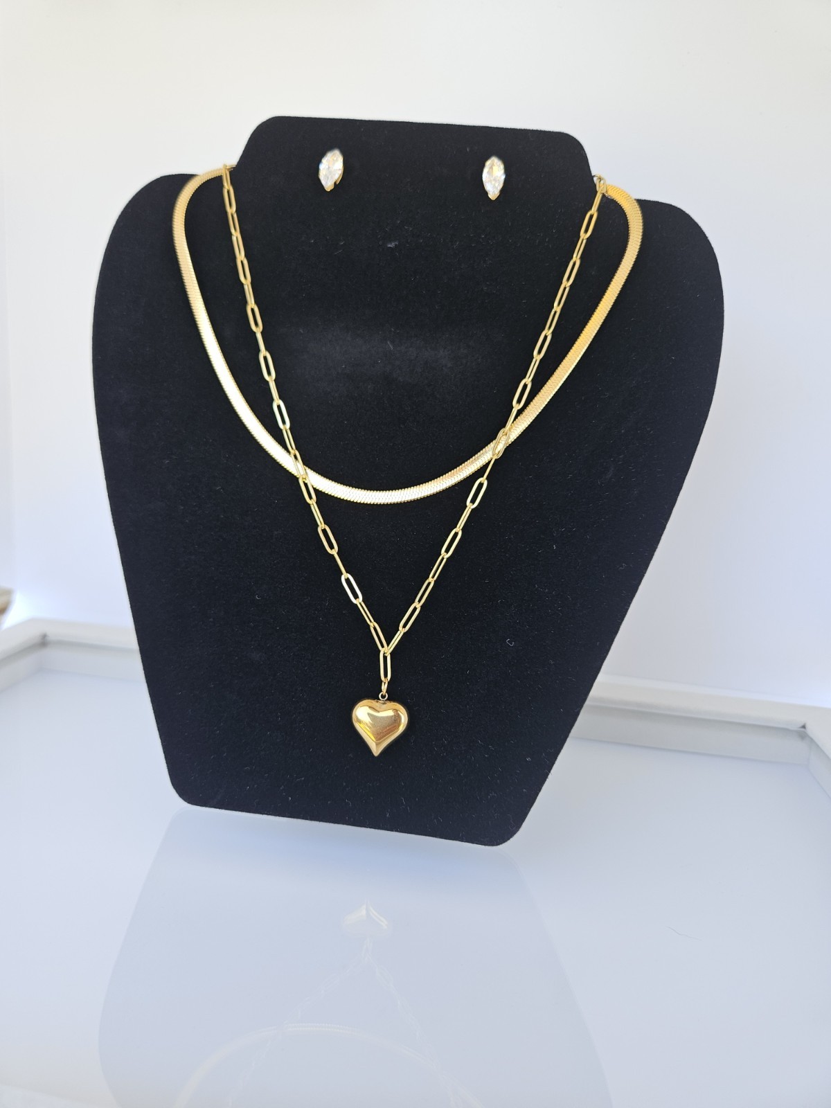 18K Gold Plated Stainless Steel Layered Heart Necklace & 3-Pair Earring Stud Set