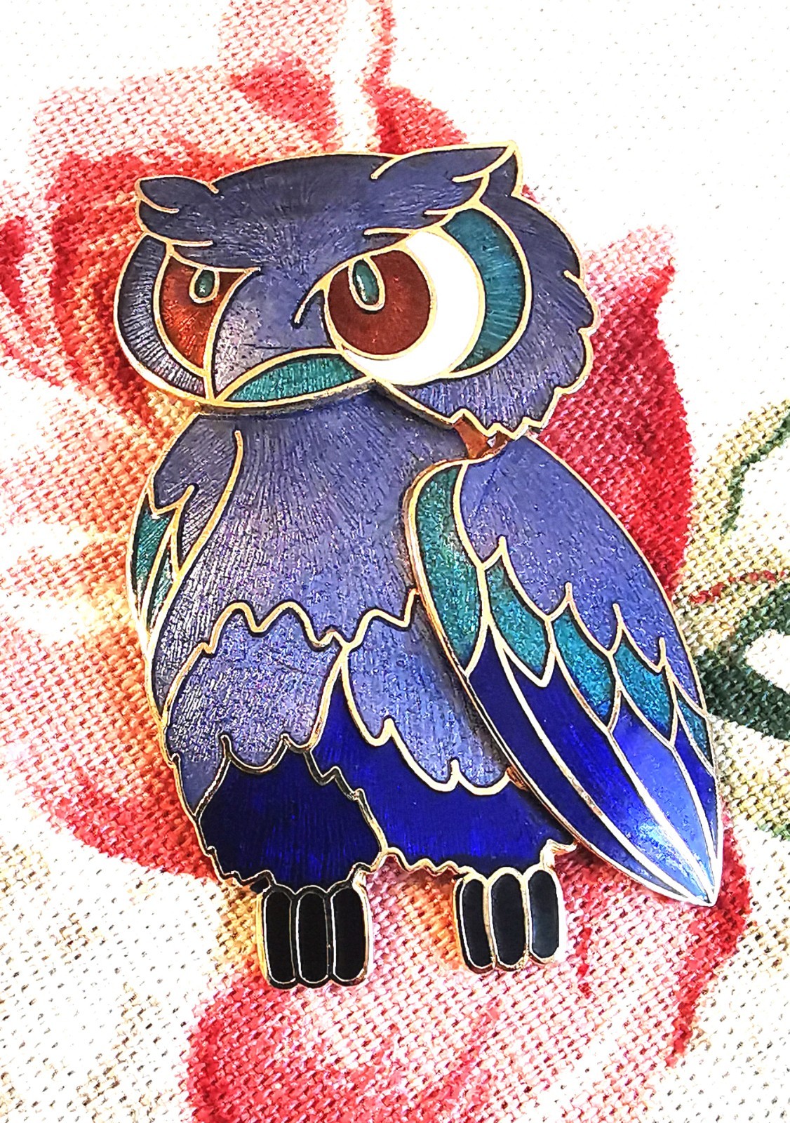 Vintage 3D Owl Brooch Vivid Blue & Green Enamel Cloisone Ethereal Woodland Elf