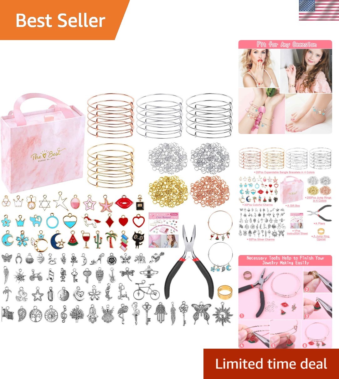 300Pcs Charm Bangle Bracelets Making Kit with Expandable Bangles, Charms, Jum…