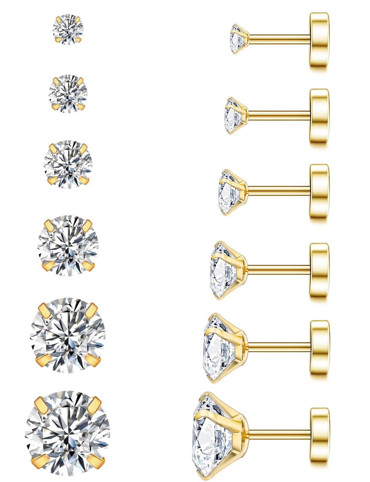 20G Hypoallergenic Flat Back Earrings for Women Men Silver 14K Gold Stainless