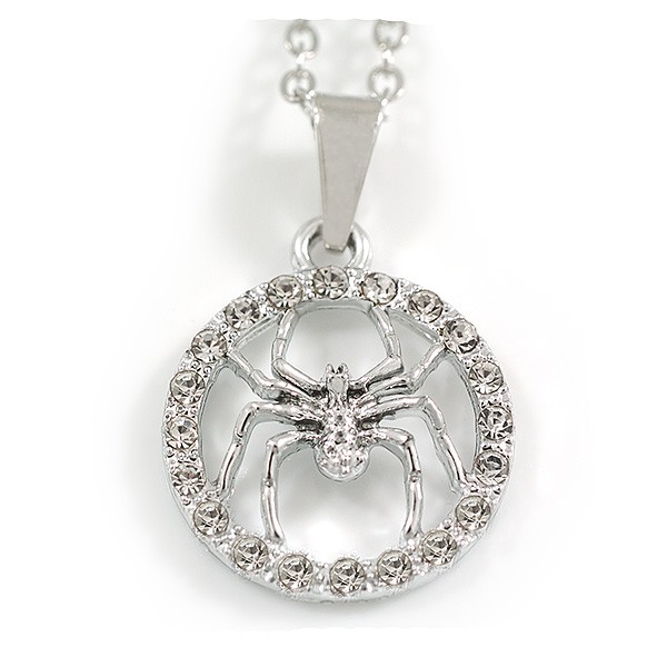 18mm D/ Clear Crystal Spider Pendant with Chain in Silver Tone – 40cm L/ 4cm Ext