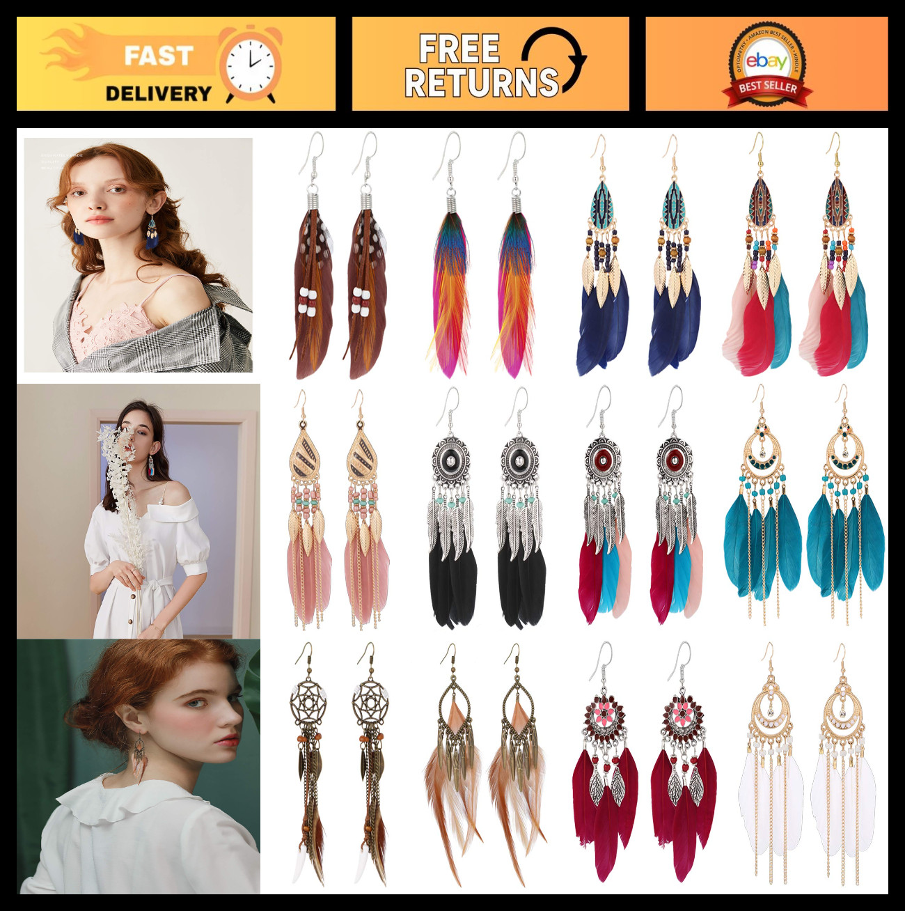 12 Pairs Bohemian Feather Earrings Set – Vintage Long Drop Dangle Dream Catcher