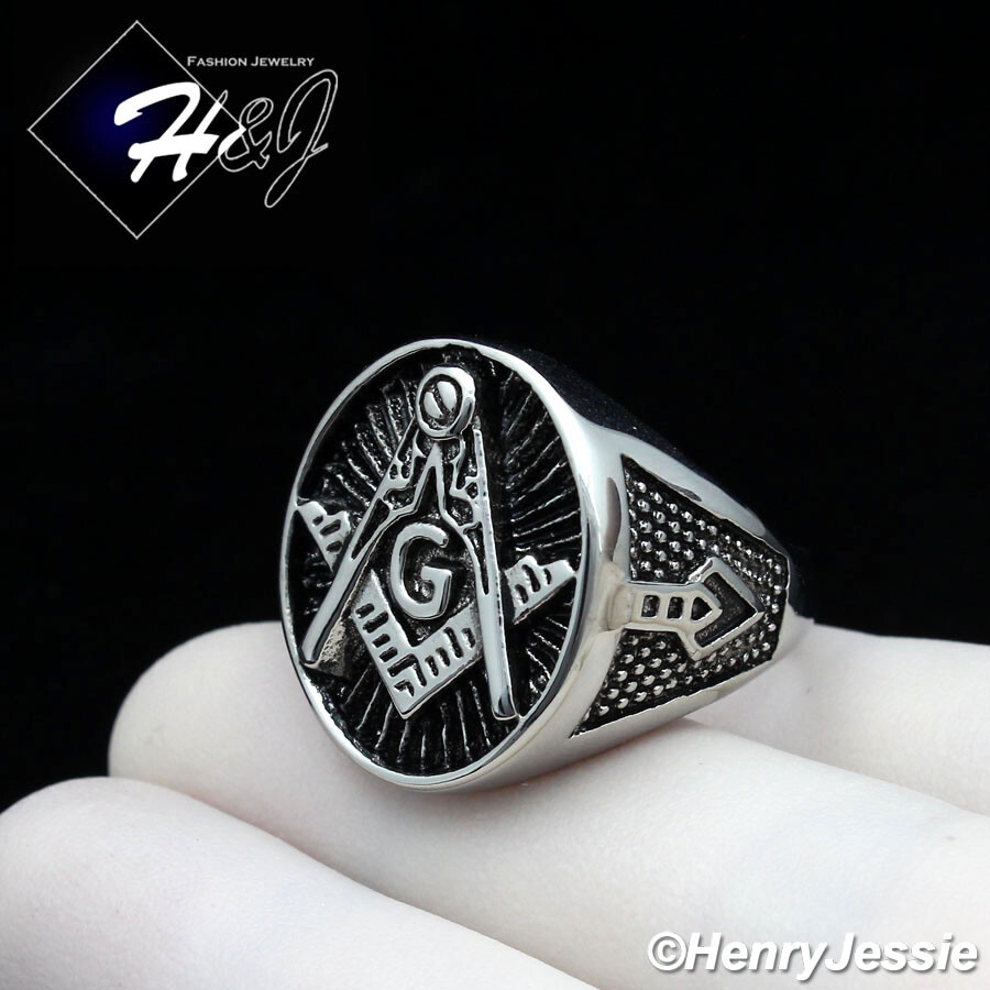MEN Stainless Steel Silver/Black Plated MASONIC Master Mason Oval Ring*R124