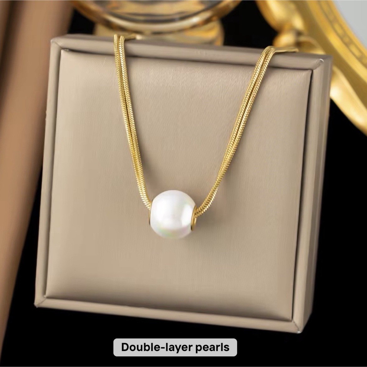 Gold Tone Double Layer Snake Chain Necklace, White Round Pearl Charm Pendant