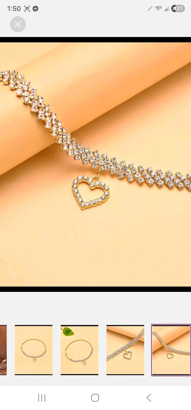 Gold Tone Clear Round Crystal Cable Chain Anklet Heart Charm Lobster Closure
