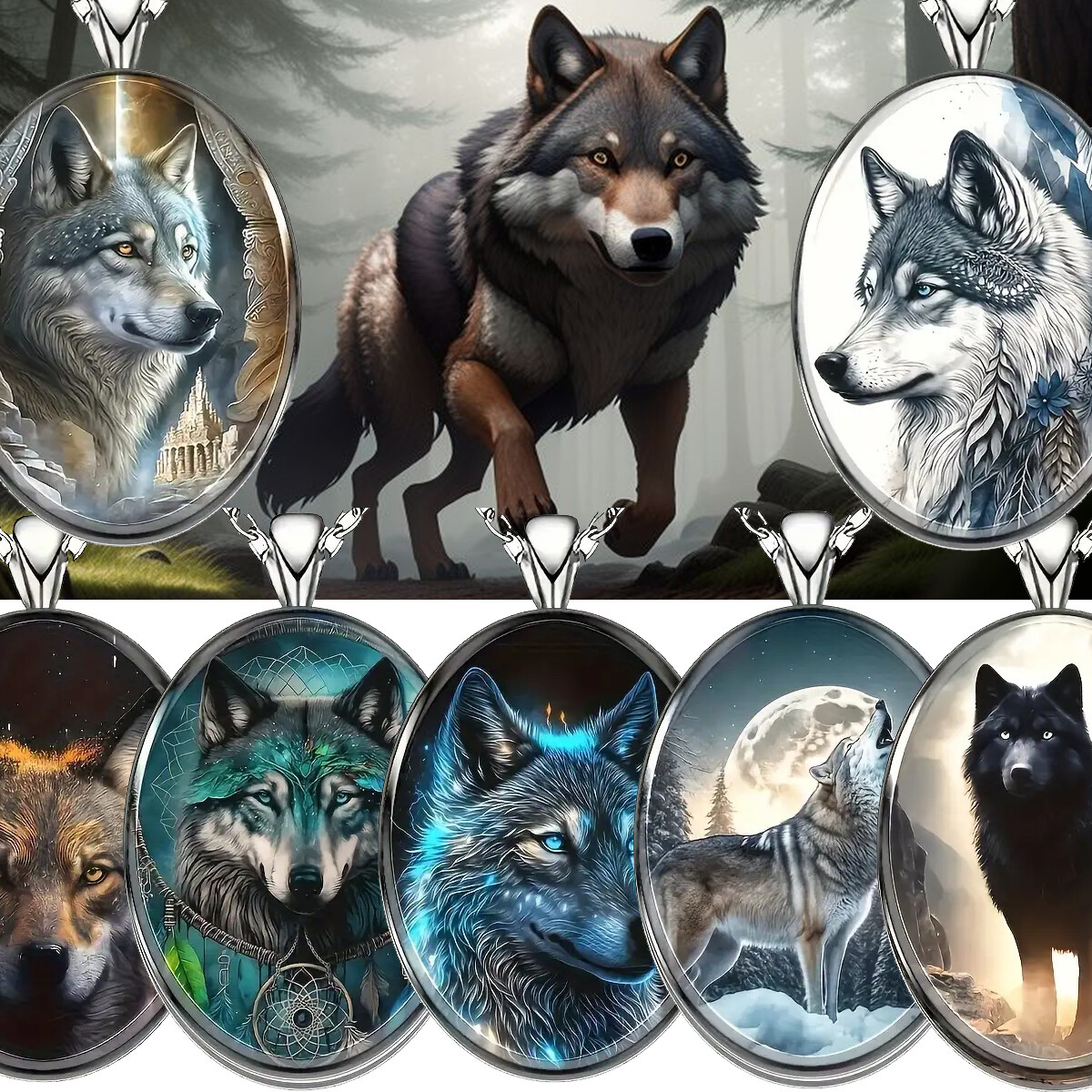 Oval Wolf Medallion Jewelry Vintage Silver Look Nature Wolves Pendant Necklace