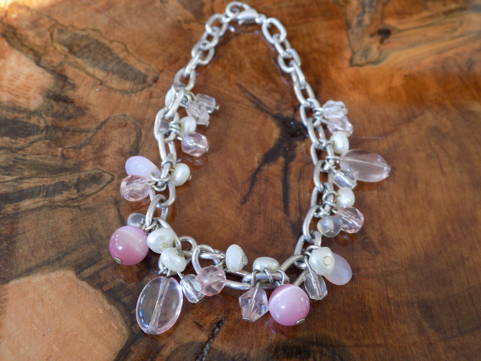 9″ Pale Pink, white and Clear Bead Silver Tone Chain Dangle Bracelet (189)
