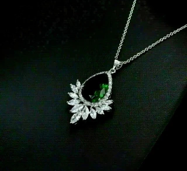 2.16 Ct Pear Cut Emerald Pendant Wedding pendant 14K Solid White Gold