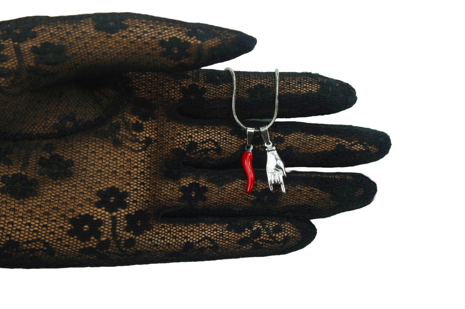 Small Red Cornicello and Mano Cornuto Necklace, Italian Hand Horn Protection