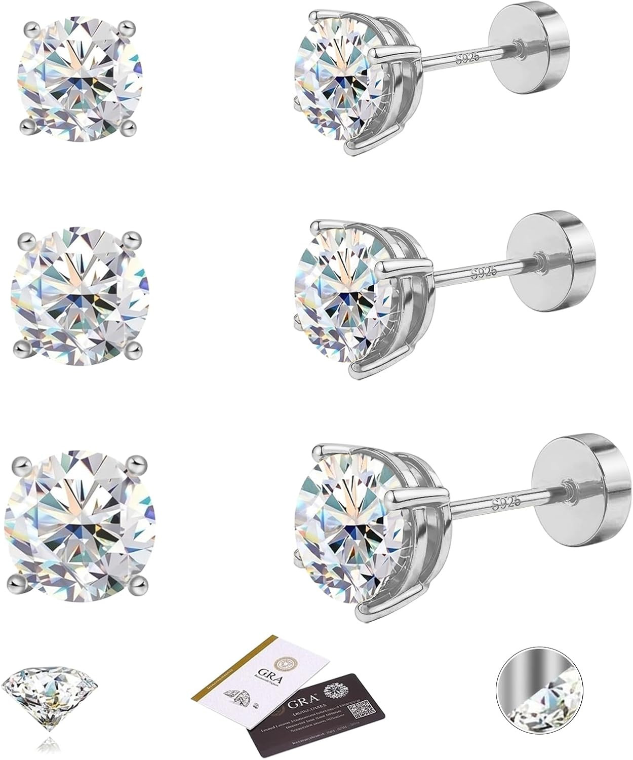 3 Pairs Moissanite Stud Earrings for Women Men S925 Sterling Silver Flat Back Ea
