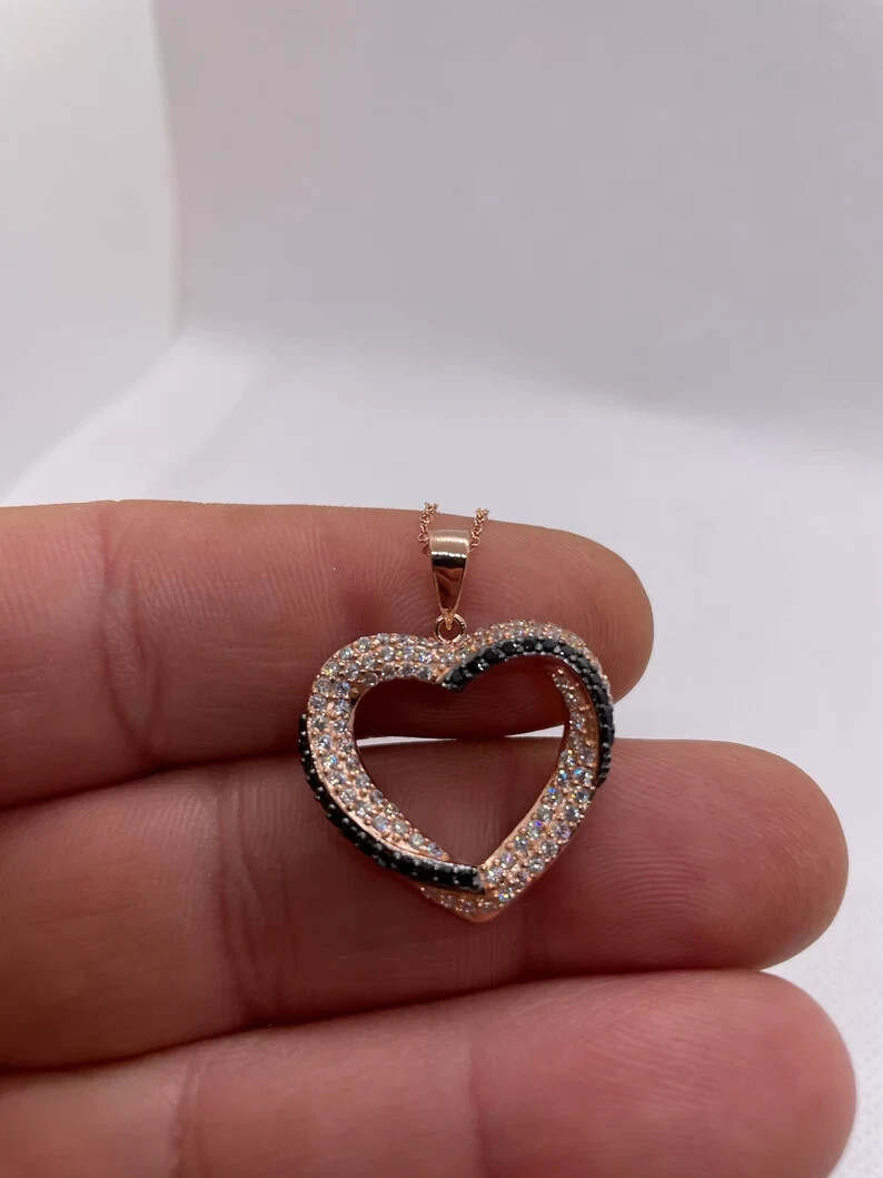 Rose gold over 925 sterling silver heart necklace lab simulated diamonds