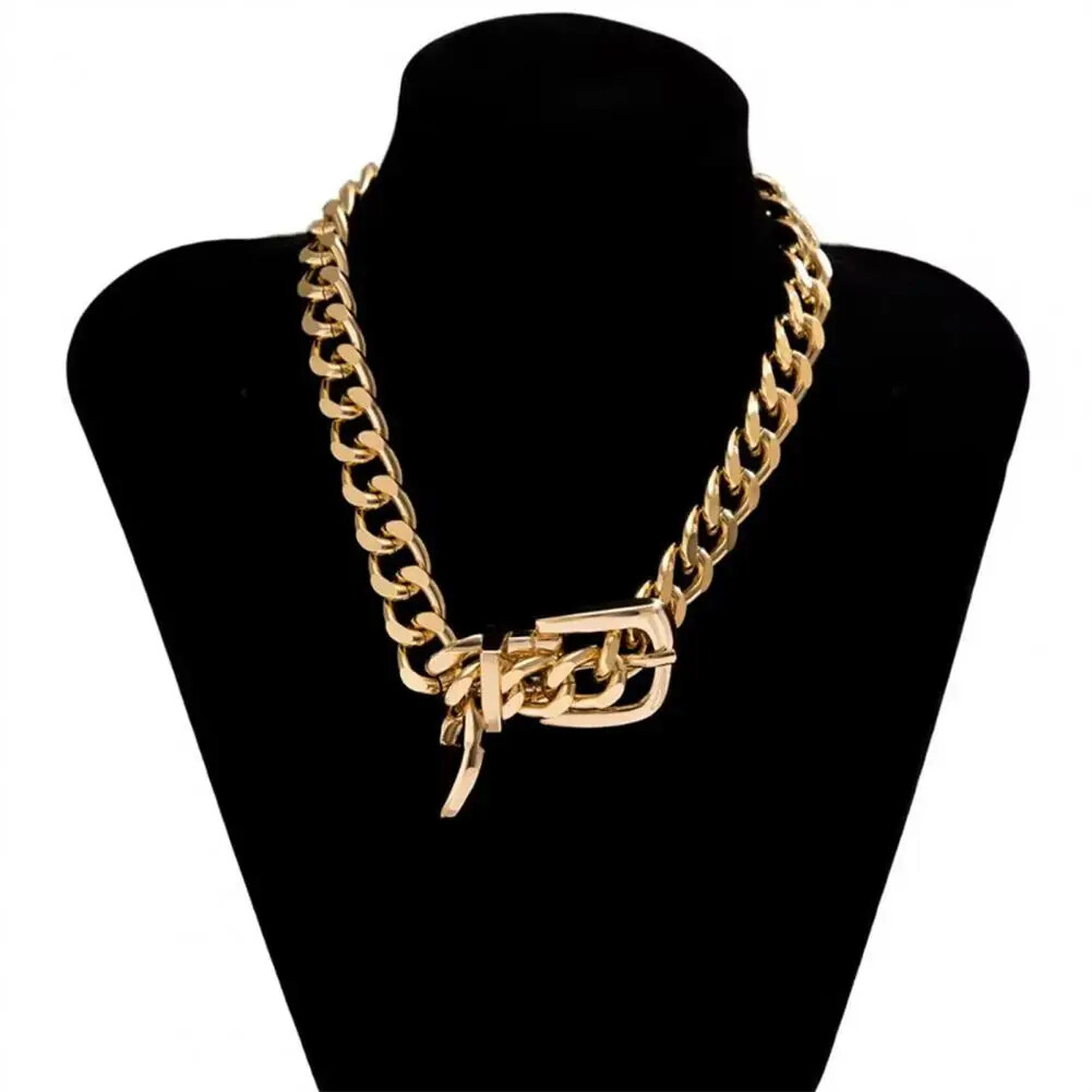 Women’s Belt Buckle Cuban Chunky Choker Necklace Silver Gold 88-1