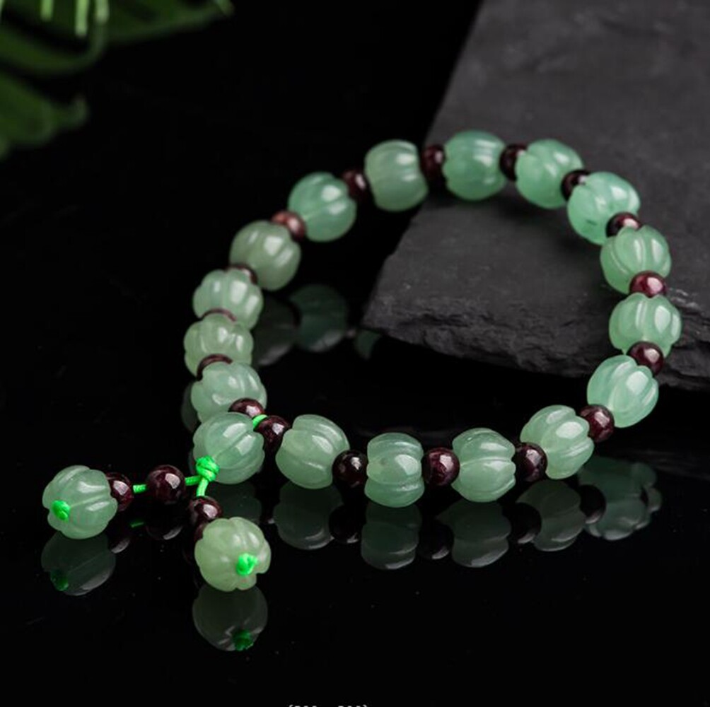 Natural Green Jade Pumpkin Beads Red Garnet Round Gems Beads Stretch Bracelet