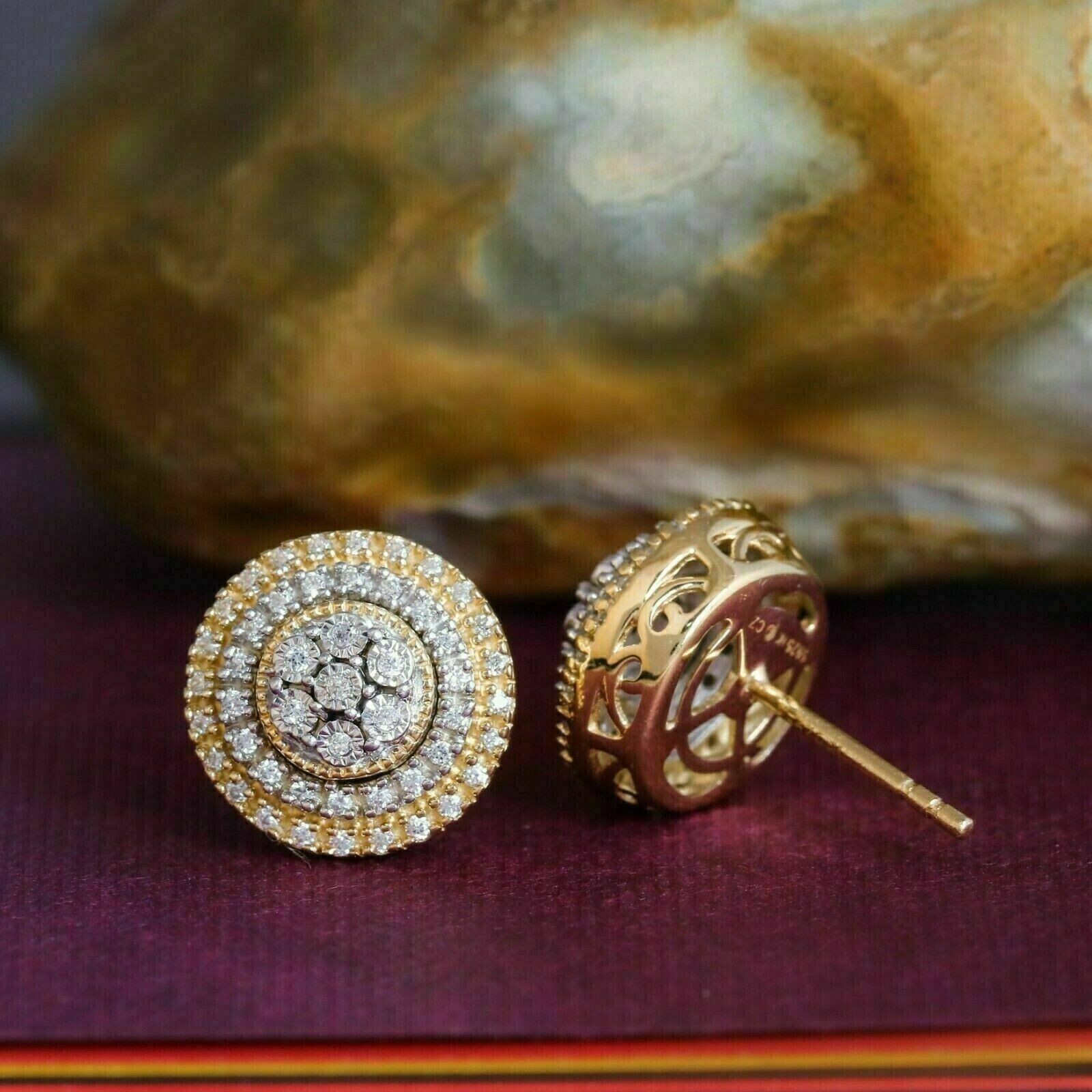 Gorgeous Halo Stud Earring Round Cut Simulated Diamond In 14k Yellow Gold Plated