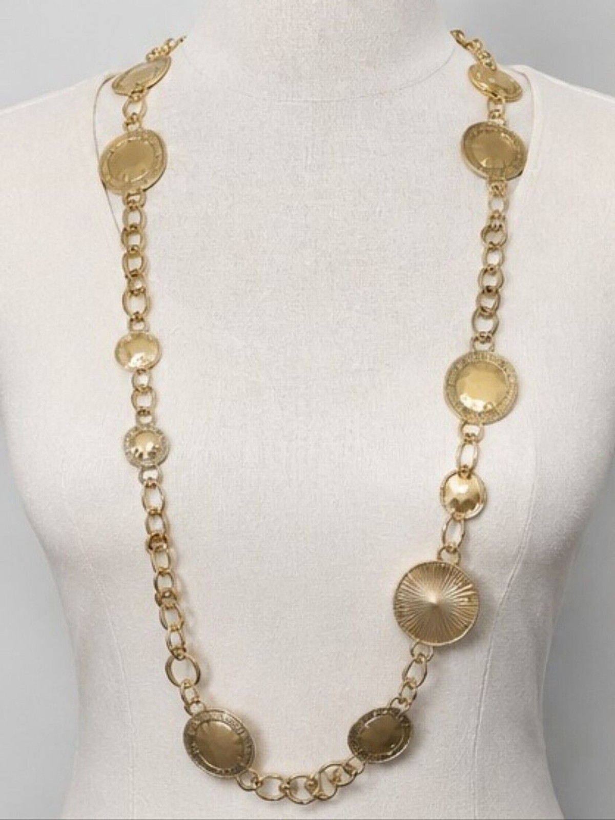Chico’s Long Gold Tone Hammered Station Necklace 33″ Statement Layering Necklace