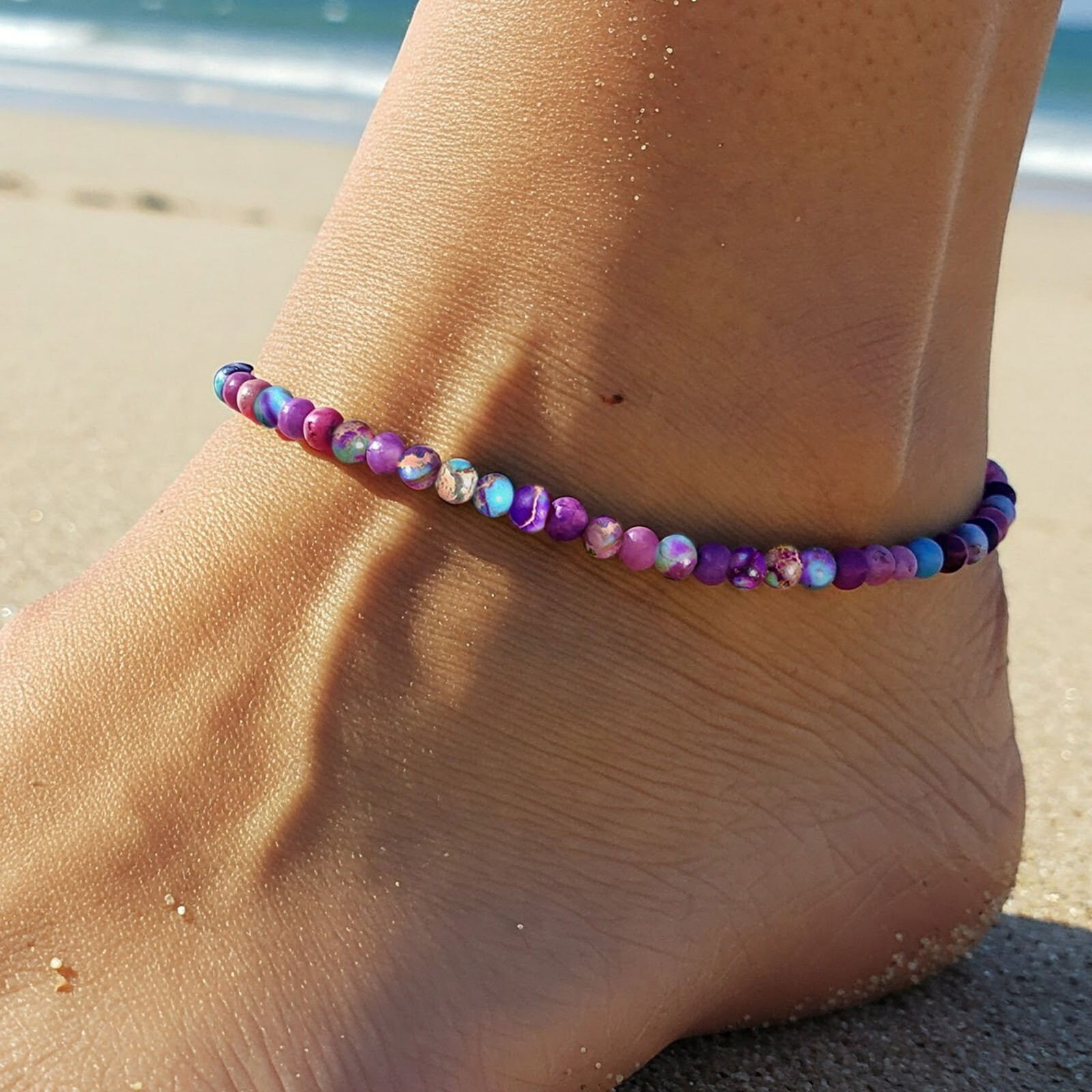 Purple Imperial Jasper Round Beaded Ankle Bracelet Dainty Summer Skinny Anklet