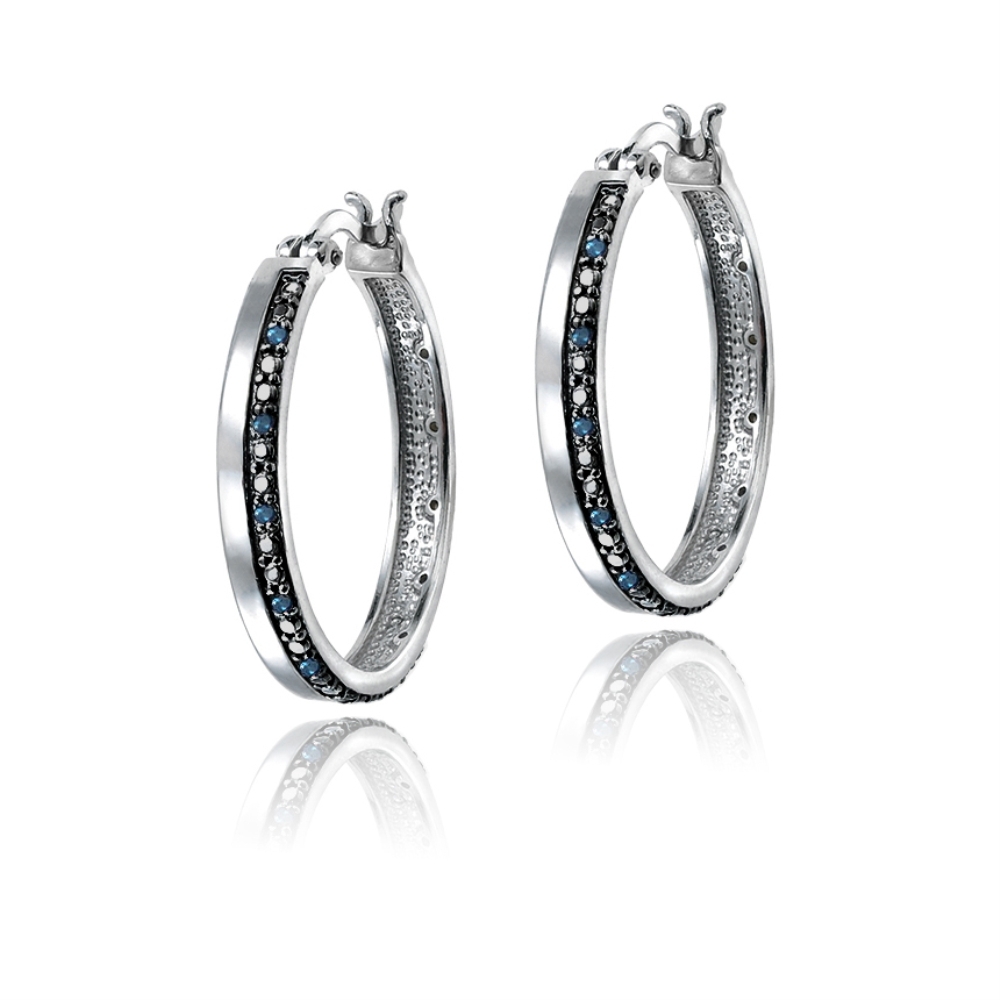 Silver Tone 1/4ct Blue Diamond Hoop Earrings