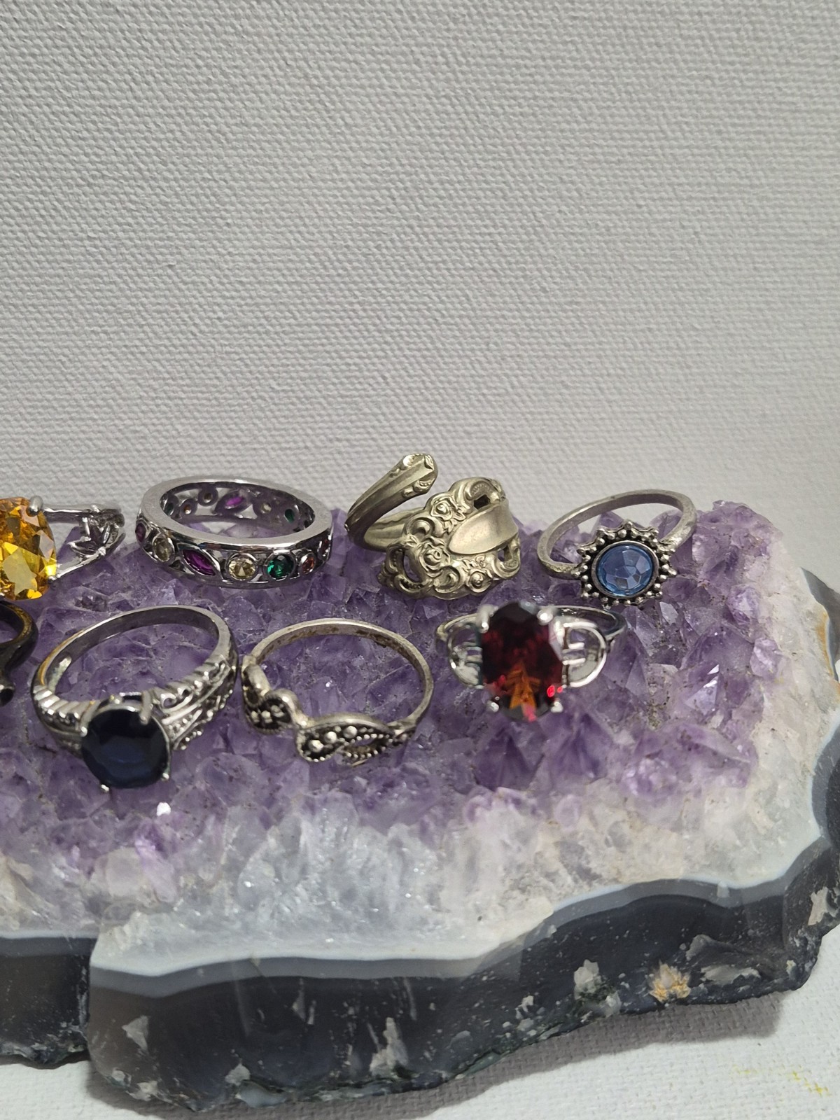 Lot Of 9 Silver Tone Ladies Topaz Rhinestone Rings Various Sizes B458