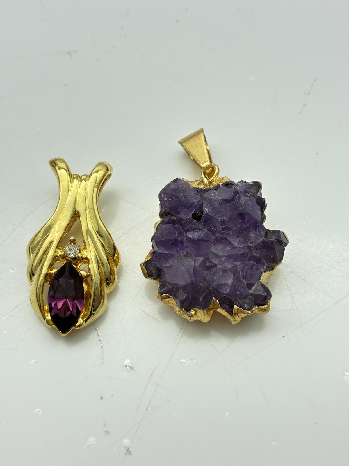 Purple Stone Pendant Charms Lot of 2 Gold Tone