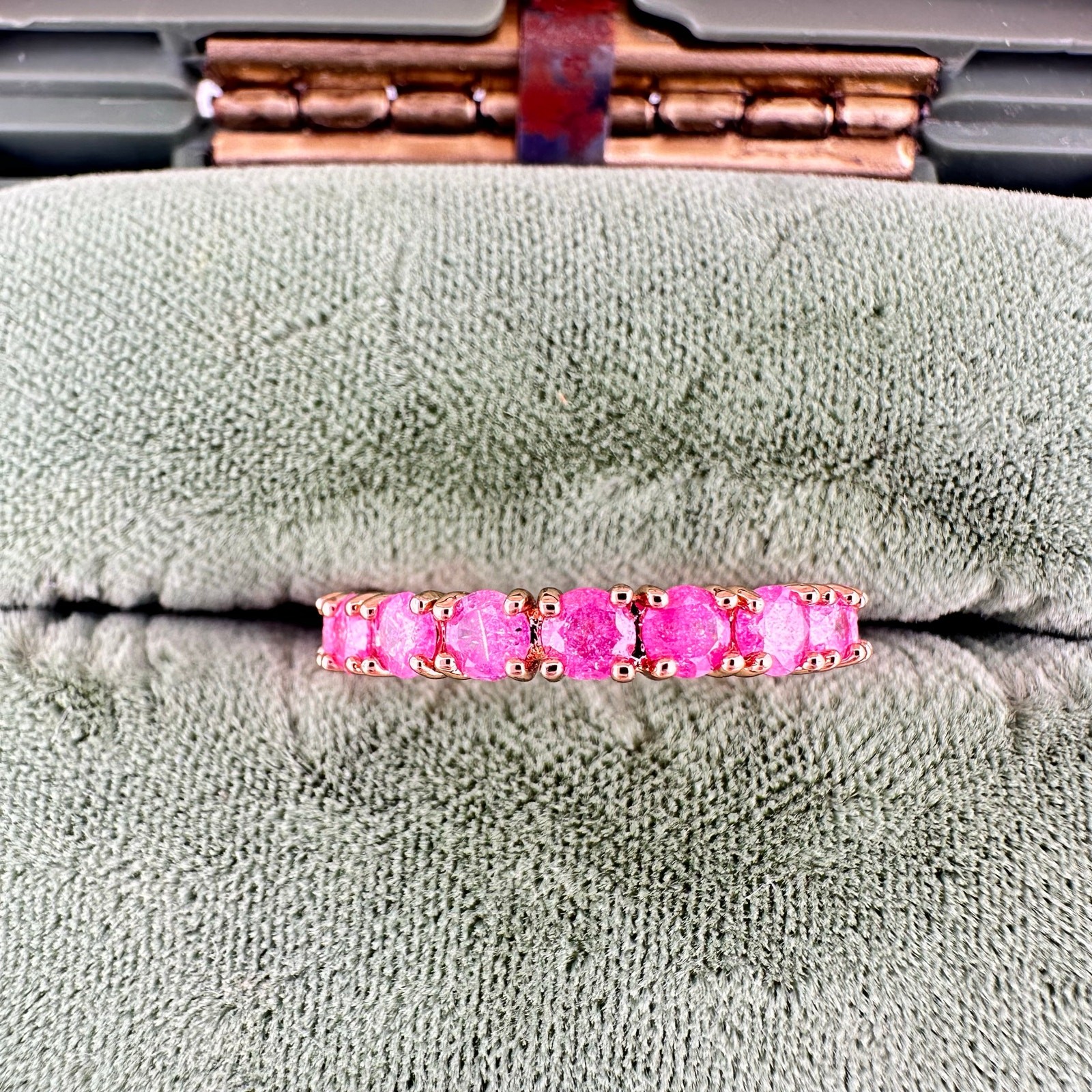 Pink Glass Round Brilliant Prong Set Eternity Band Rose Gold Tone Size 5.75 Ring