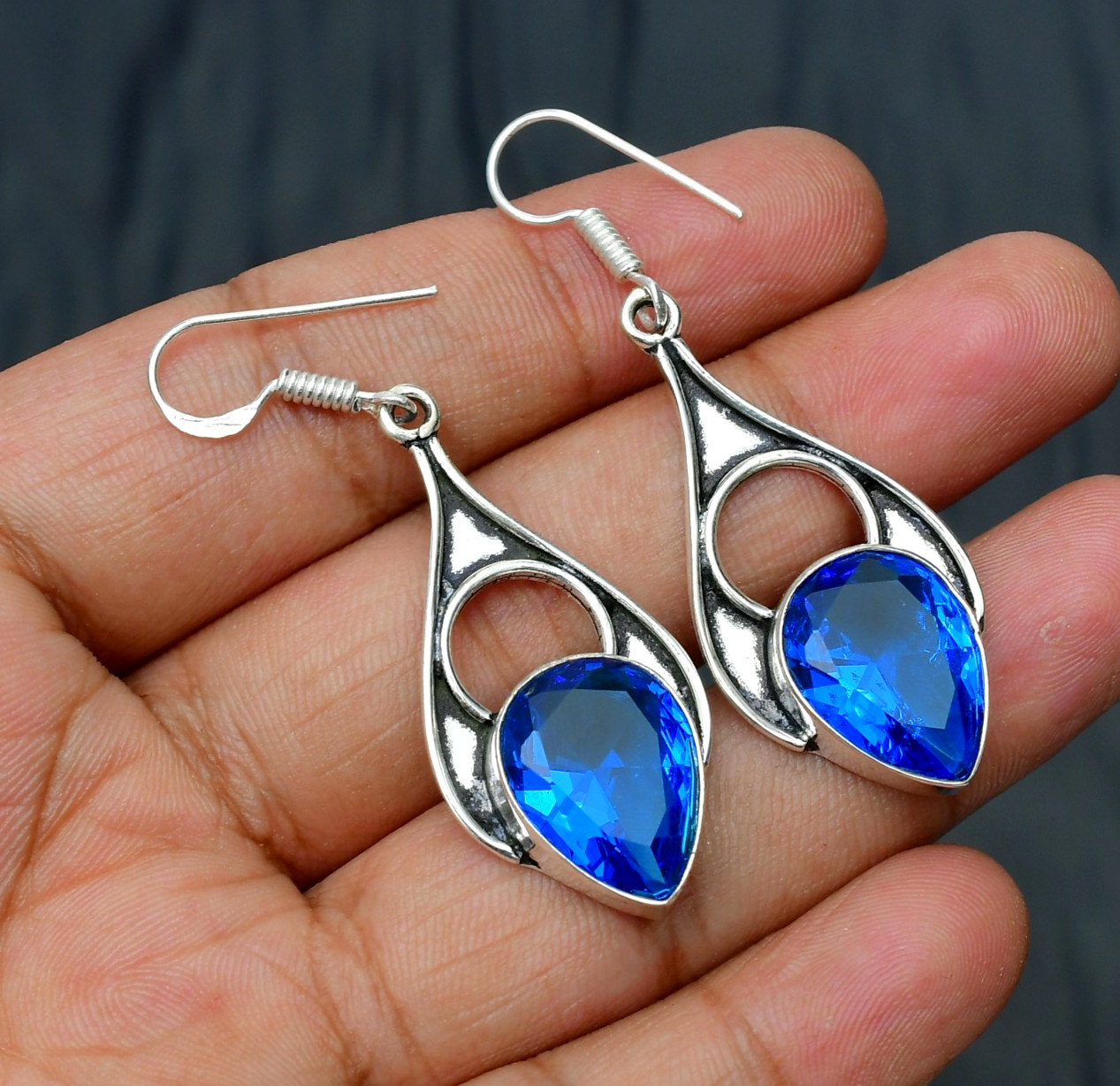London Blue Topaz(Lab-Created)Gemstone925 sterling silver Handmade Earring 1.96″