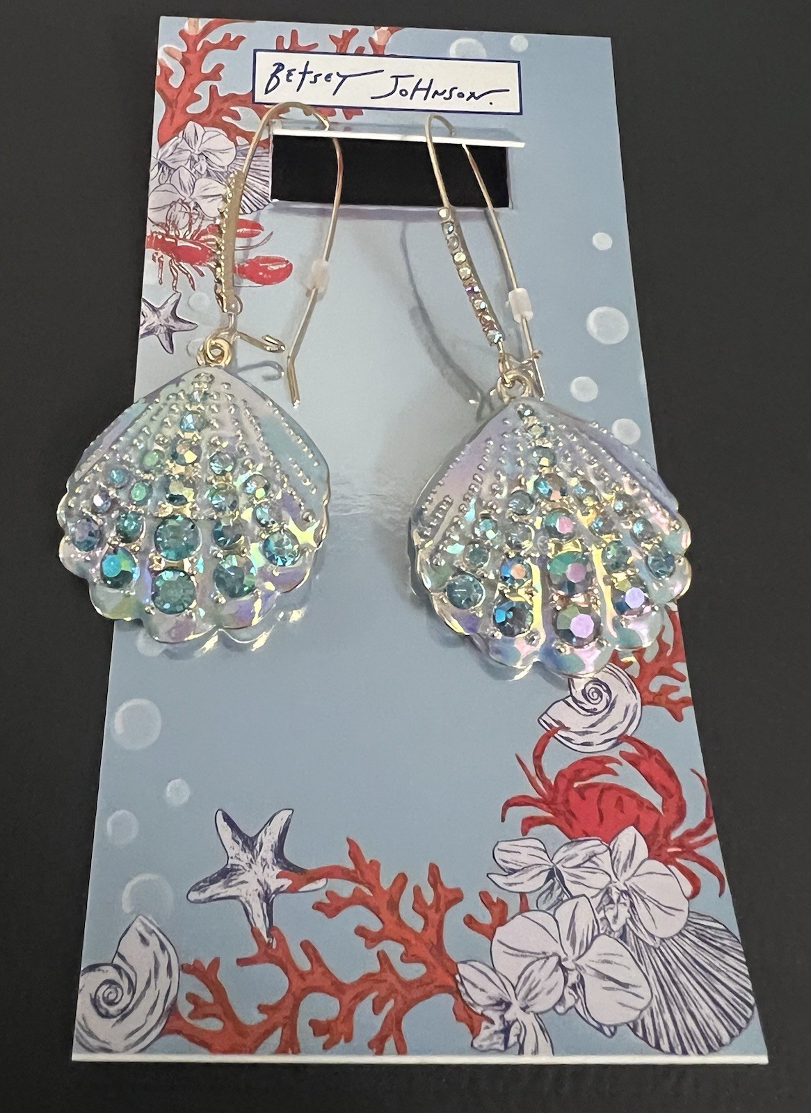 Betsey Johnson Earrings Iridescent Seashell Mermaid Drop NWT Crystal Dangle