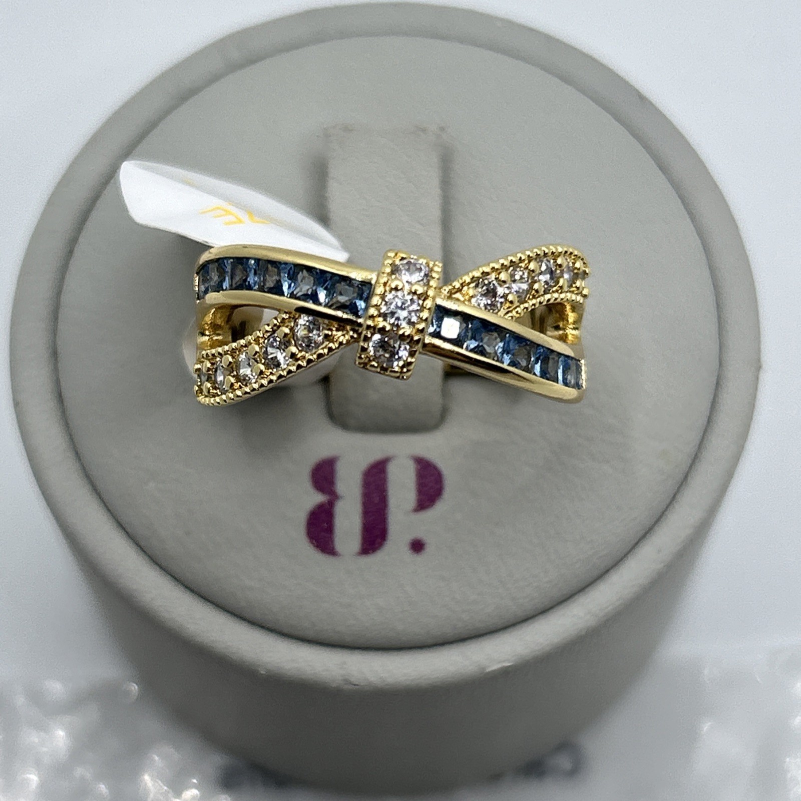 Bomb Party Bow Ring Sz 7 “Top It With A Bow” Aqua Blue Spinel on Gold